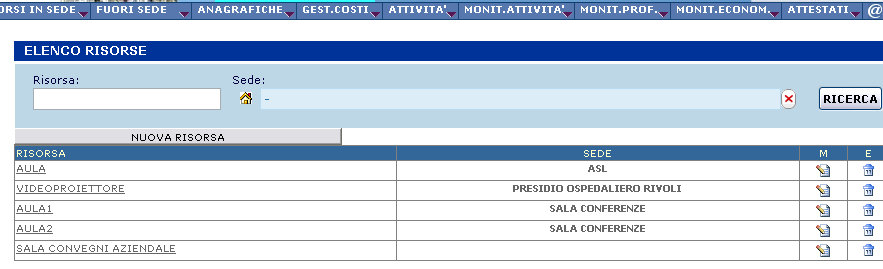 In sede si visualizzano tutti i luoghi di svolgimento del corso che il fornitore ha salvato e che sceglie come luogo di svolgimento del corso in maschera di accreditamento e nelle singole edizioni in