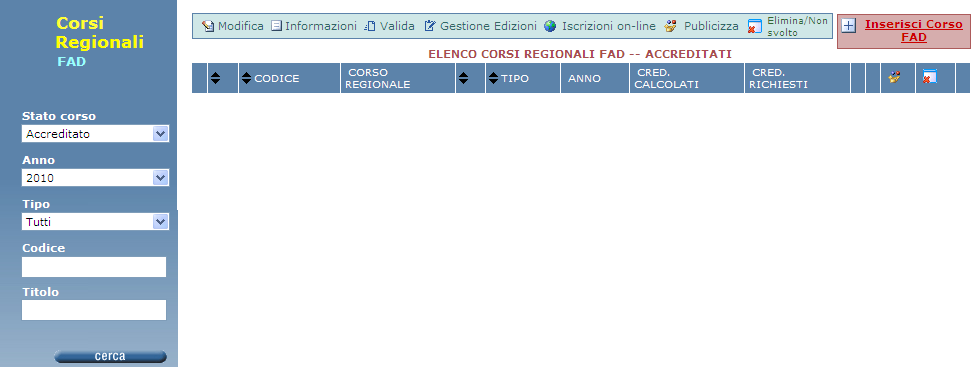 1.1. Corsi Regionali FAD: inserimento corso Per iniziare l inserimento di un corso Regionale FAD si accede dalla voce CORSI IN SEDE REGIONALI FAD Il sistema permetterà di visualizzare i corsi fad