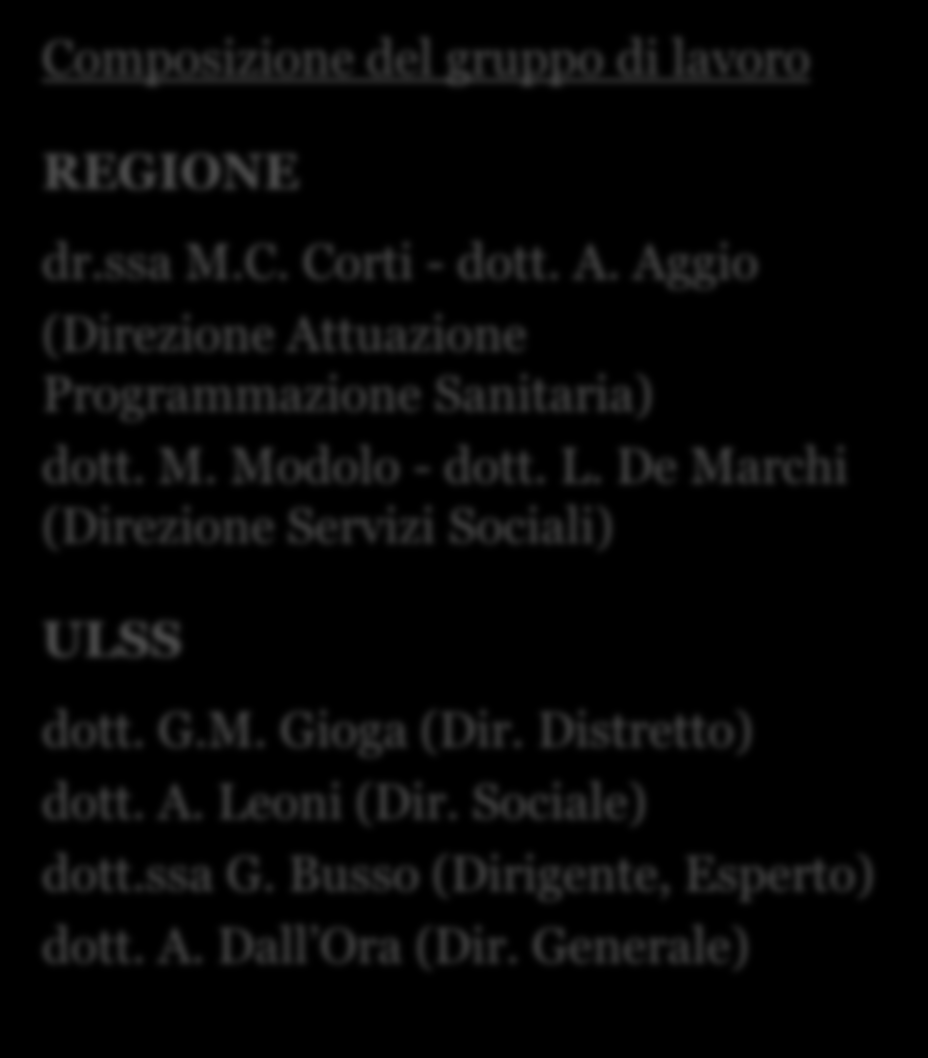 Iter amministrativo CR 154/CR dà mandato al Segretario alla Sanità di rivedere le prestazioni dei LEA aggiuntivi regionali. Il 15.1.2013 un Decreto (2/2013) del Segretario costituisce Gruppo di lavoro con mandato sui servizi socio-sanitari.