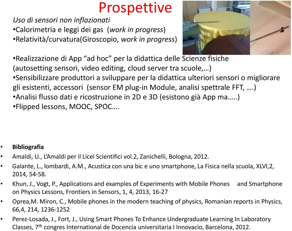 Module, a alisi spett ale FFT,. Analisi flusso dati e ricostruzione in 2D e 3D (esistono già App a..) Flipped lessons, MOOC, POC. Bibliografia A aldi, U., LA aldi pe il Li ei ie tifi i vol.