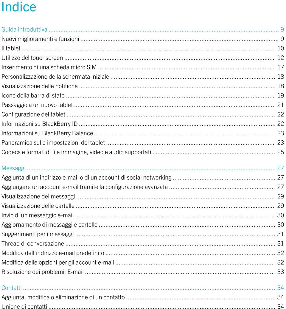 .. 22 Informazioni su BlackBerry Balance... 23 Panoramica sulle impostazioni del tablet... 23 Codecs e formati di file immagine, video e audio supportati... 25 Messaggi.