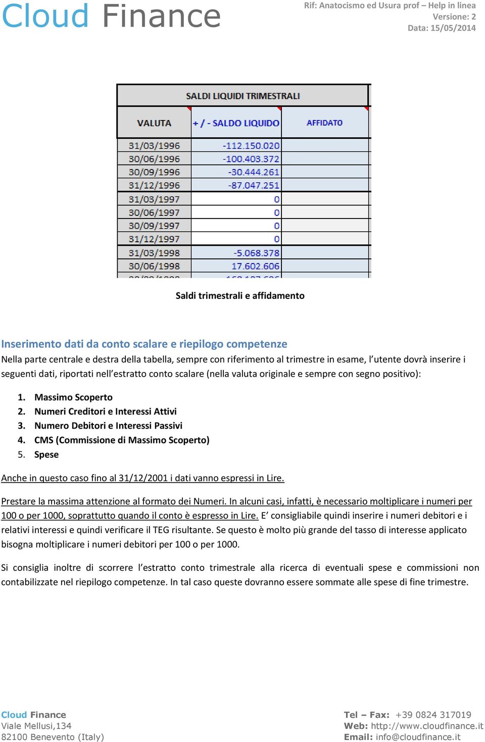 Numero Debitori e Interessi Passivi 4. CMS (Commissione di Massimo Scoperto) 5. Spese Anche in questo caso fino al 31/12/2001 i dati vanno espressi in Lire.