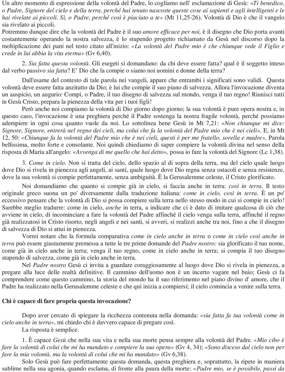 Potremmo dunque dire che la volontà del Padre è il suo amore efficace per noi, è il disegno che Dio porta avanti costantemente operando la nostra salvezza, è lo stupendo progetto richiamato da Gesù