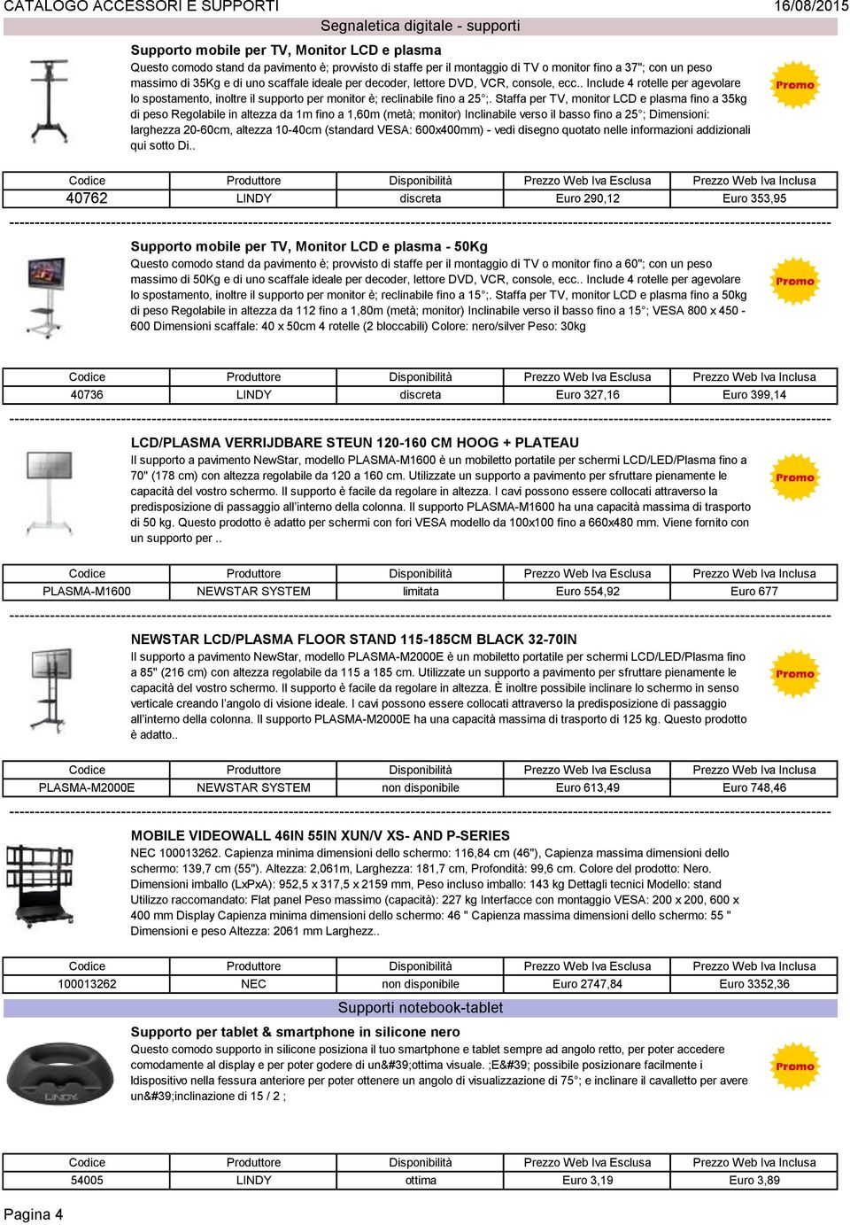 Staffa per TV, monitor LCD e plasma fino a 35kg di peso Regolabile in altezza da 1m fino a 1,60m (metà; monitor) Inclinabile verso il basso fino a 25 ; Dimensioni: larghezza 20-60cm, altezza 10-40cm