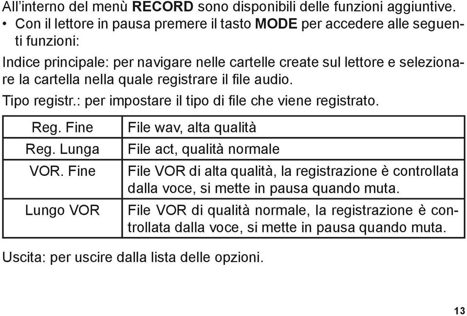 cartella nella quale registrare il file audio. Tipo registr.: per impostare il tipo di file che viene registrato. Reg. Fine Reg. Lunga VOR.