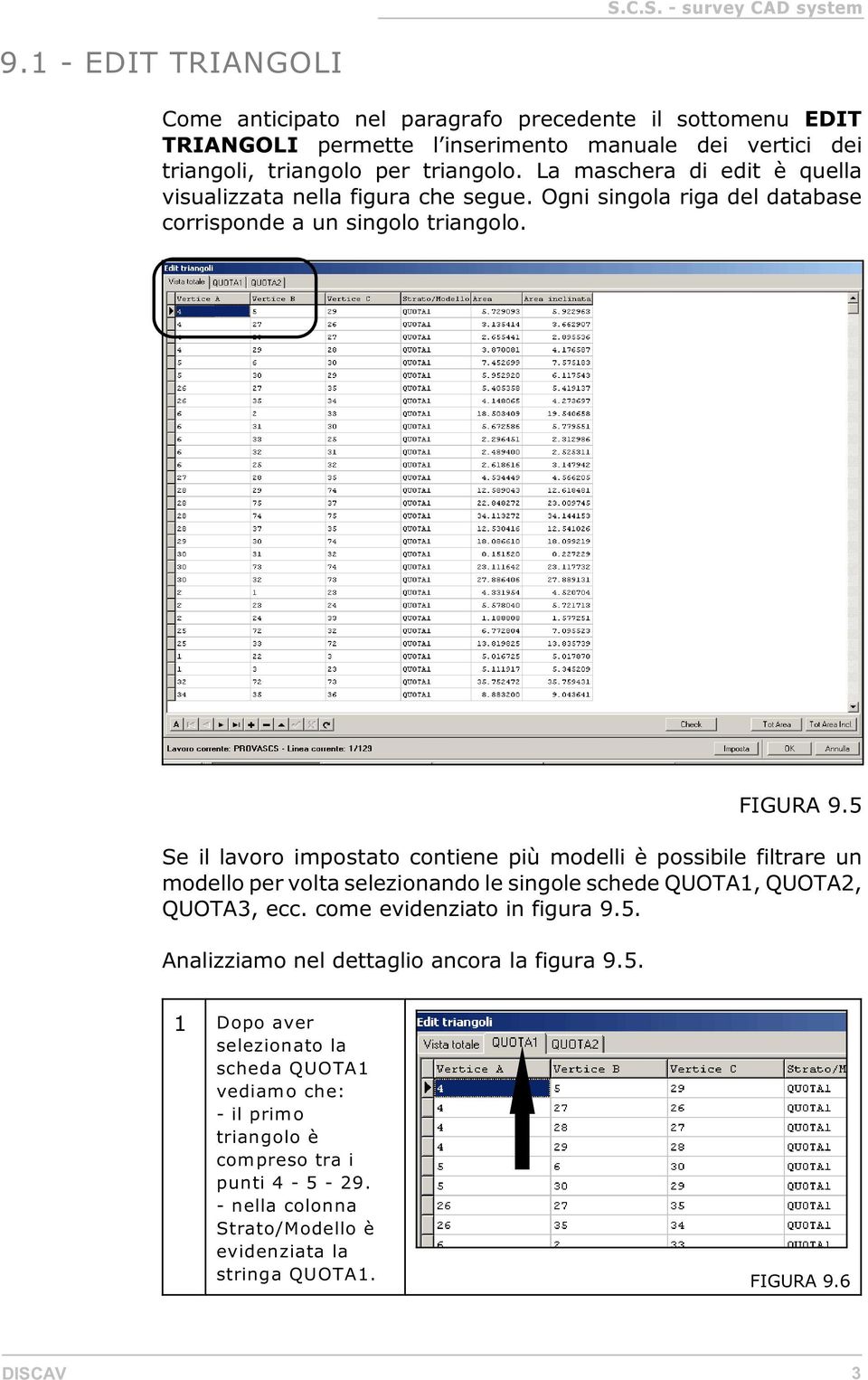 5 Se il lavoro impostato contiene più modelli è possibile filtrare un modello per volta selezionando le singole schede QUOTA1, QUOTA2, QUOTA3, ecc. come evidenziato in figura 9.5. Analizziamo nel dettaglio ancora la figura 9.