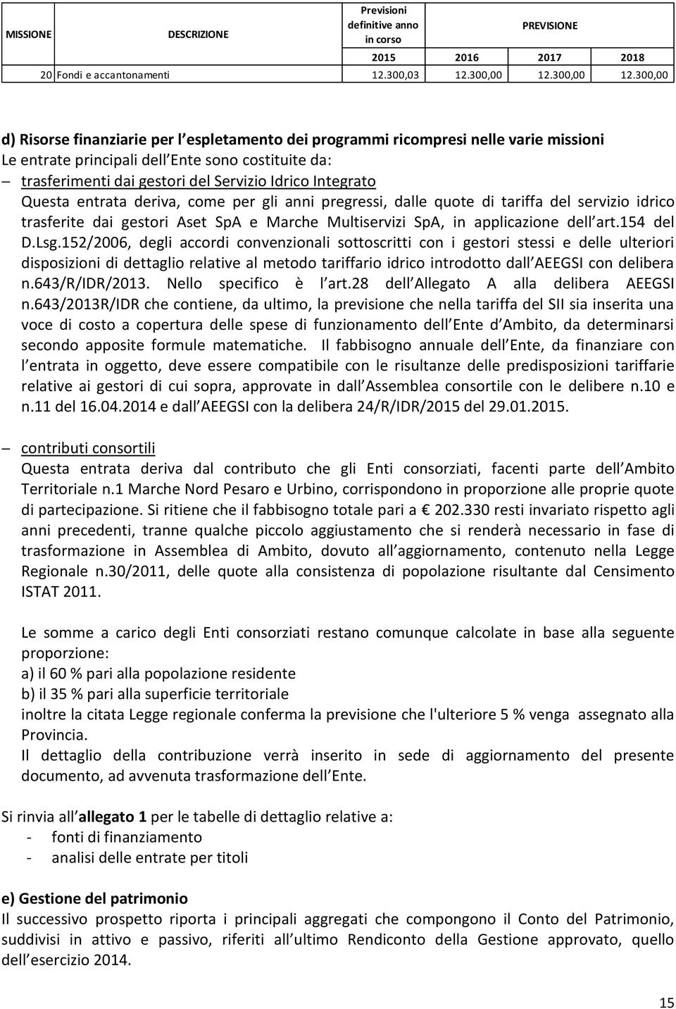 300,00 d) Risorse finanziarie per l espletamento dei programmi ricompresi nelle varie missioni Le entrate principali dell Ente sono costituite da: trasferimenti dai gestori del Servizio Idrico