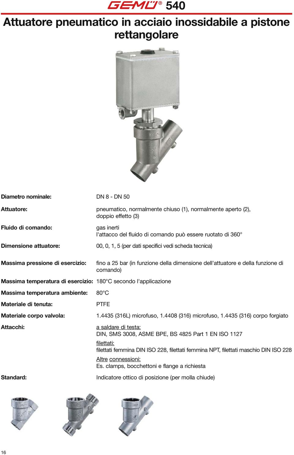 a 25 bar (in funzione della dimensione dell'attuatore e della funzione di comando) Massima temperatura di esercizio: 180 C secondo l'applicazione Massima temperatura ambiente: 80 C Materiale di