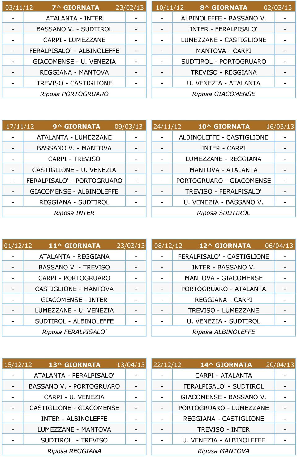 - - INTER - FERALPISALO' - - LUMEZZANE - CASTIGLIONE - - MANTOVA - CARPI - - SUDTIROL - PORTOGRUARO - - TREVISO - REGGIANA - - U.