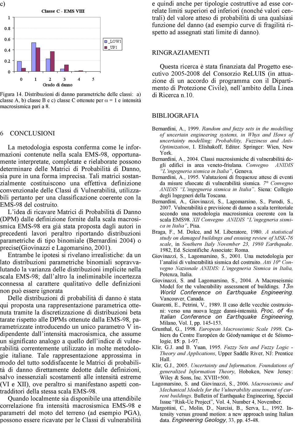 Distribuzioni di danno parametriche delle classi: a) classe A, b) classe B e c) classe C ottenute per α = 1 e intensità macrosismica pari a 8.