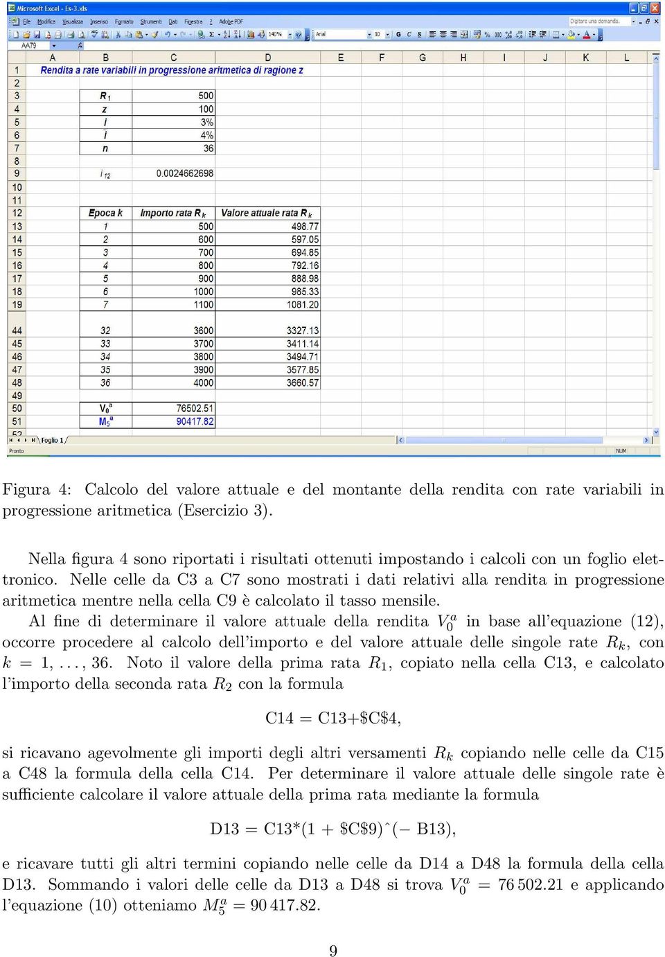 Nelle celle da C3 a C7 sono mostrati i dati relativi alla rendita in progressione aritmetica mentre nella cella C9 è calcolato il tasso mensile.