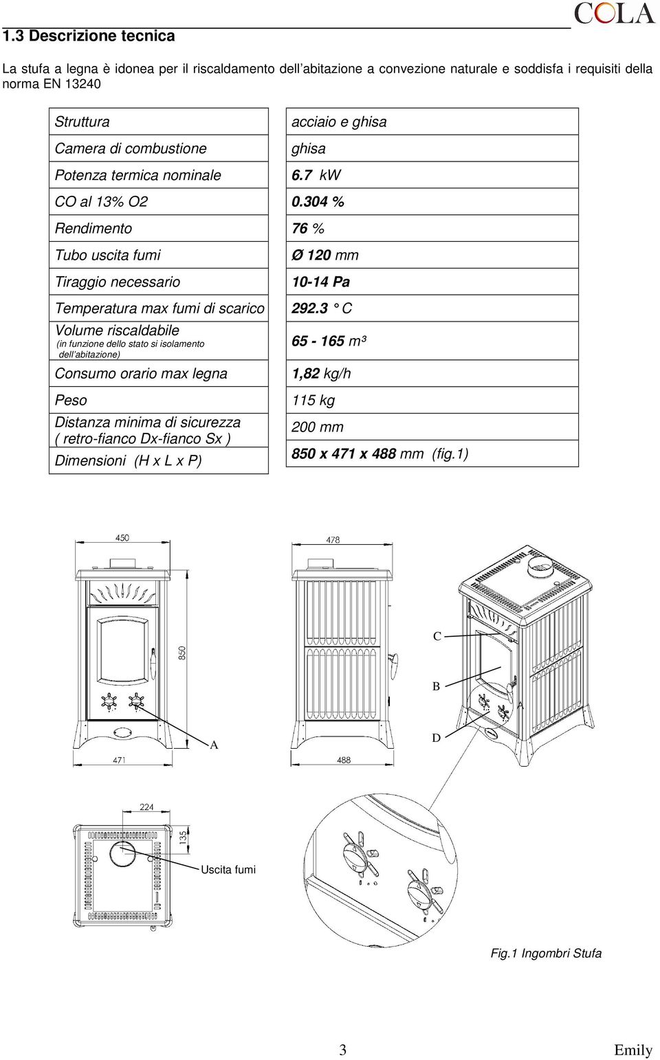 funzione dello stato si isolamento dell abitazione) Consumo orario max legna Peso Distanza minima di sicurezza ( retro-fianco Dx-fianco Sx ) Dimensioni (H x L x P)