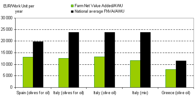 Nella figura 11 si riporta il confronto tra il Valore Aggiunto nazionale per unità di lavoro e il Valore Aggiunto delle aziende olivicole distinte per tipologia di produzione.