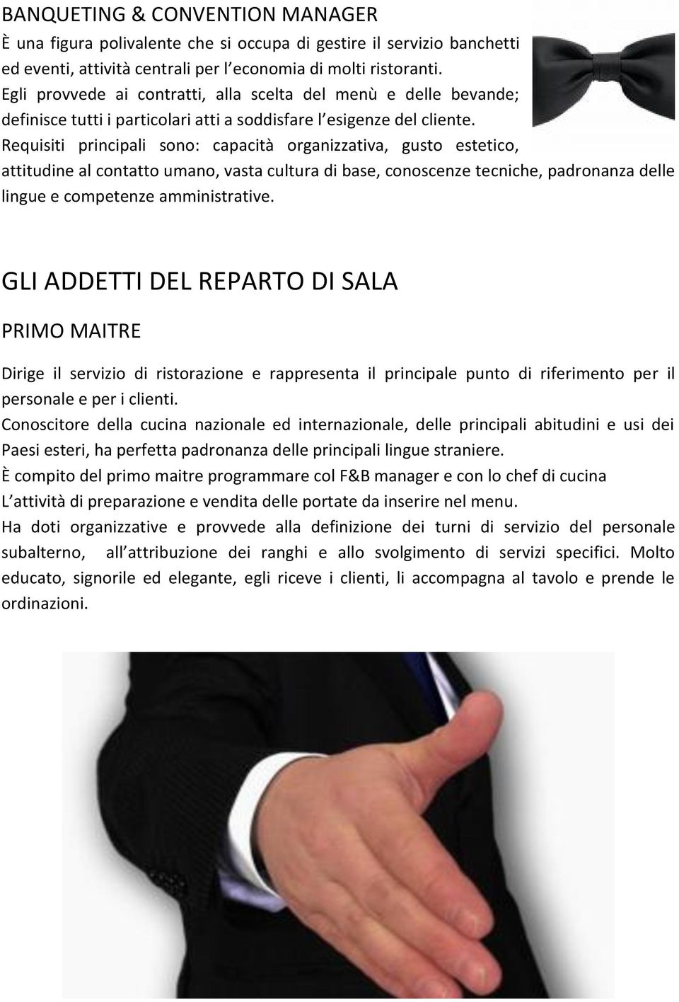 Requisiti principali sono: capacità organizzativa, gusto estetico, attitudine al contatto umano, vasta cultura di base, conoscenze tecniche, padronanza delle lingue e competenze amministrative.