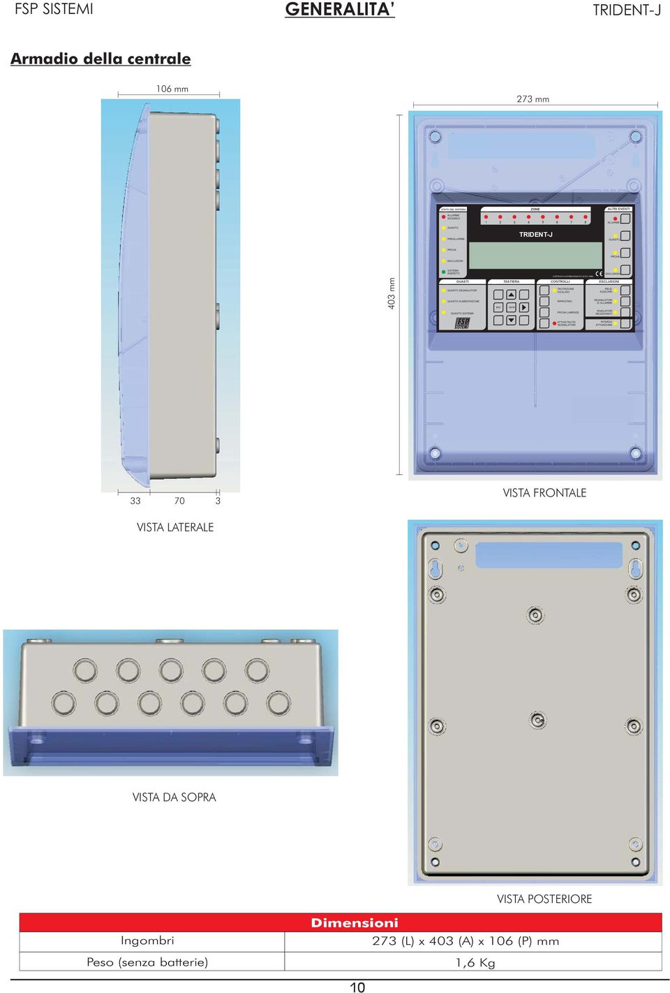 RITARDO ATTIVAZIONE ALLARME GUASTO PROVA ESCLUSIONI FSP SISTEMI GENERALITA Armadio della centrale 106 mm 273 mm ZONE ALTRI EVENTI!