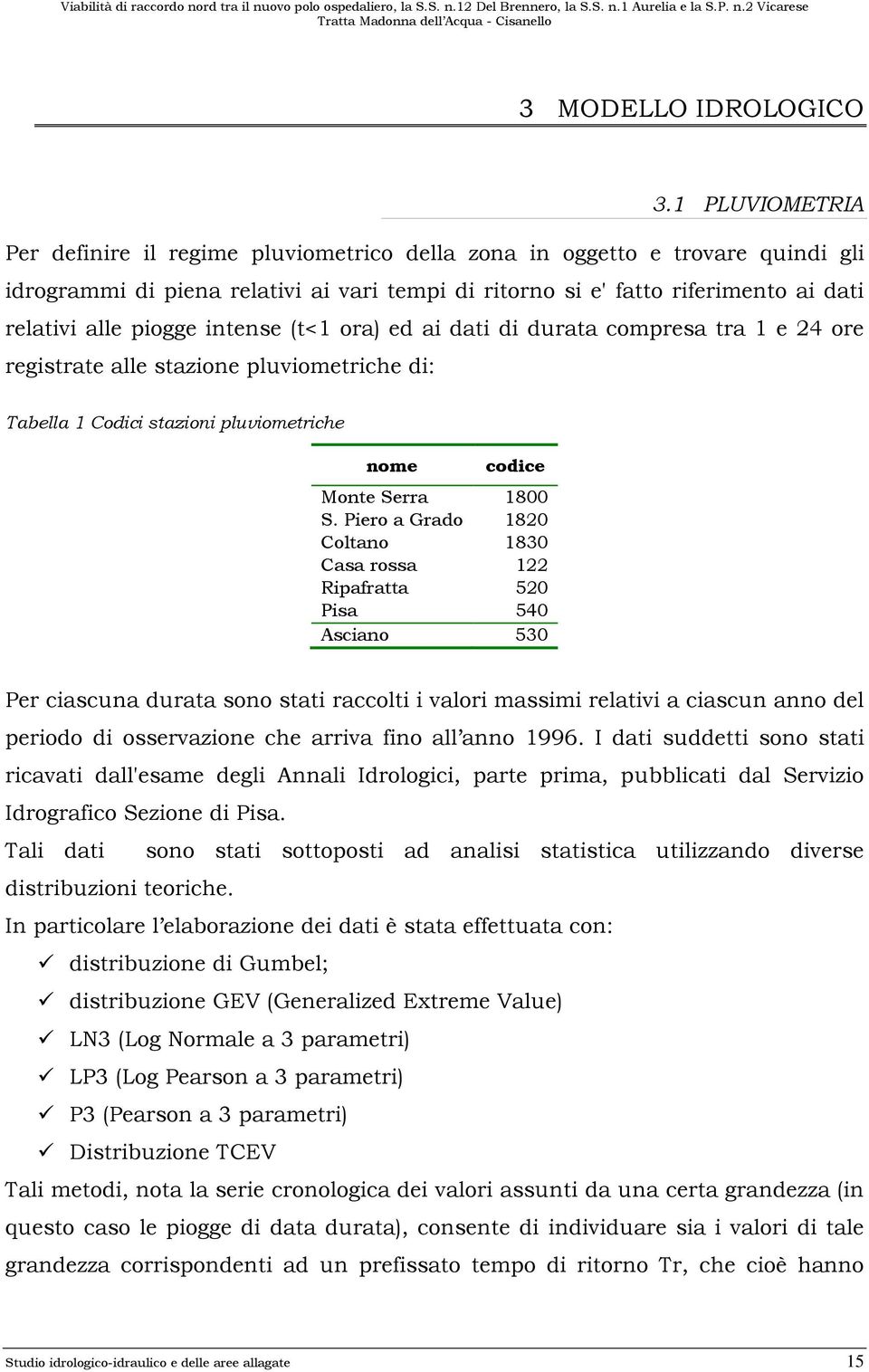 intense (t< ora) ed ai dati di durata compresa tra e 4 ore registrate alle stazione pluviometriche di: Tabella Codici stazioni pluviometriche nome codice Monte Serra 800 S.