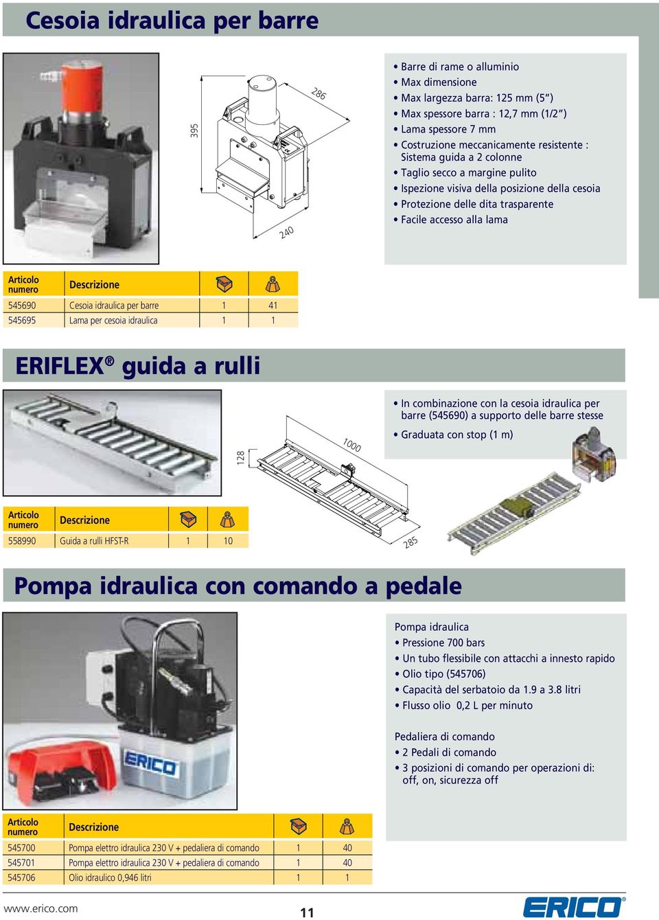 per barre 1 41 545695 Lama per cesoia idraulica 1 1 ERIFLEX guida a rulli In combinazione con la cesoia idraulica per barre (545690) a supporto delle barre stesse 1000 Graduata con stop (1 m) 128