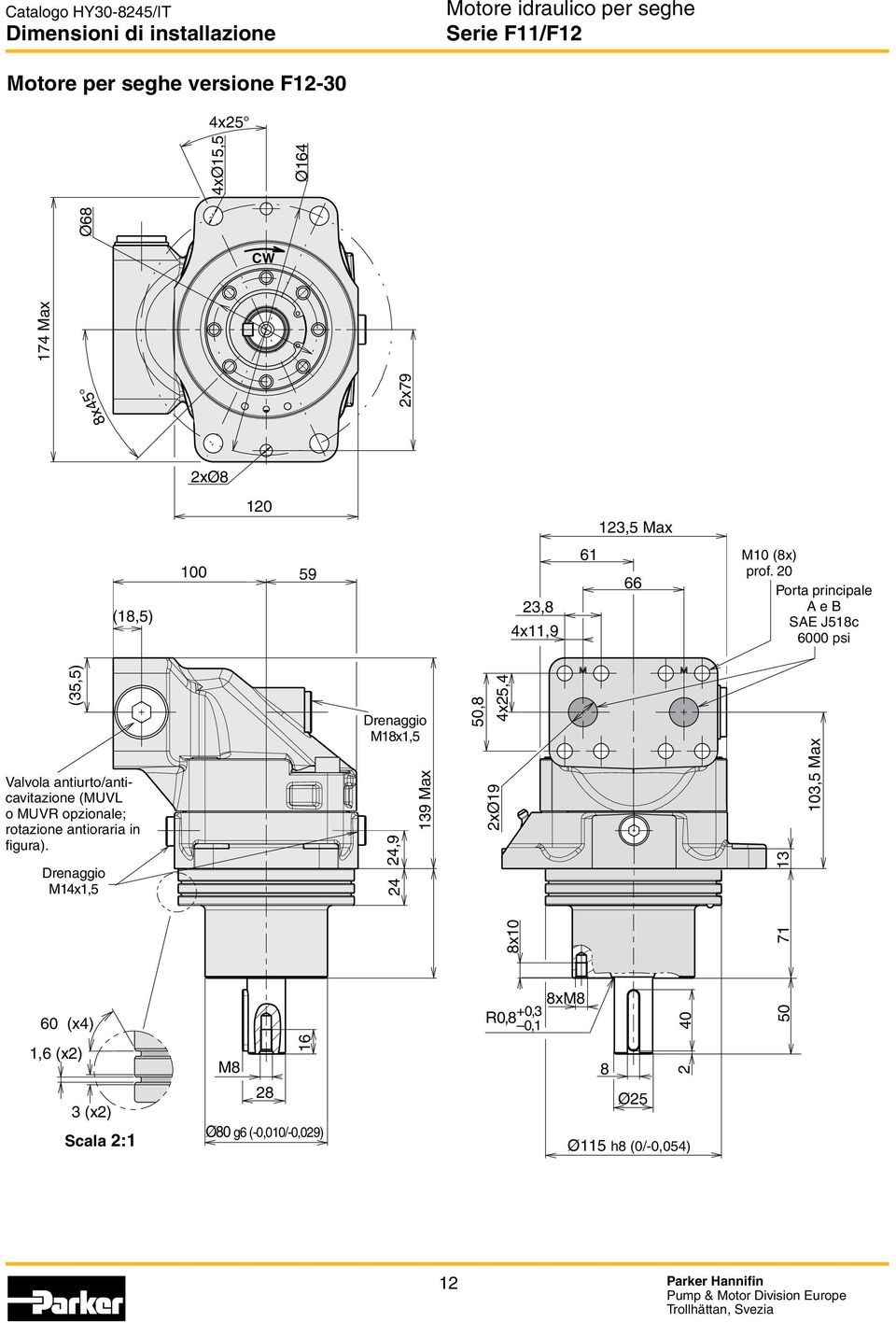 20 Porta principale A e B SAE J518c 6000 psi Valvola antiurto/anticavitazione (MUVL o MUVR opzionale; rotazione antioraria in figura).