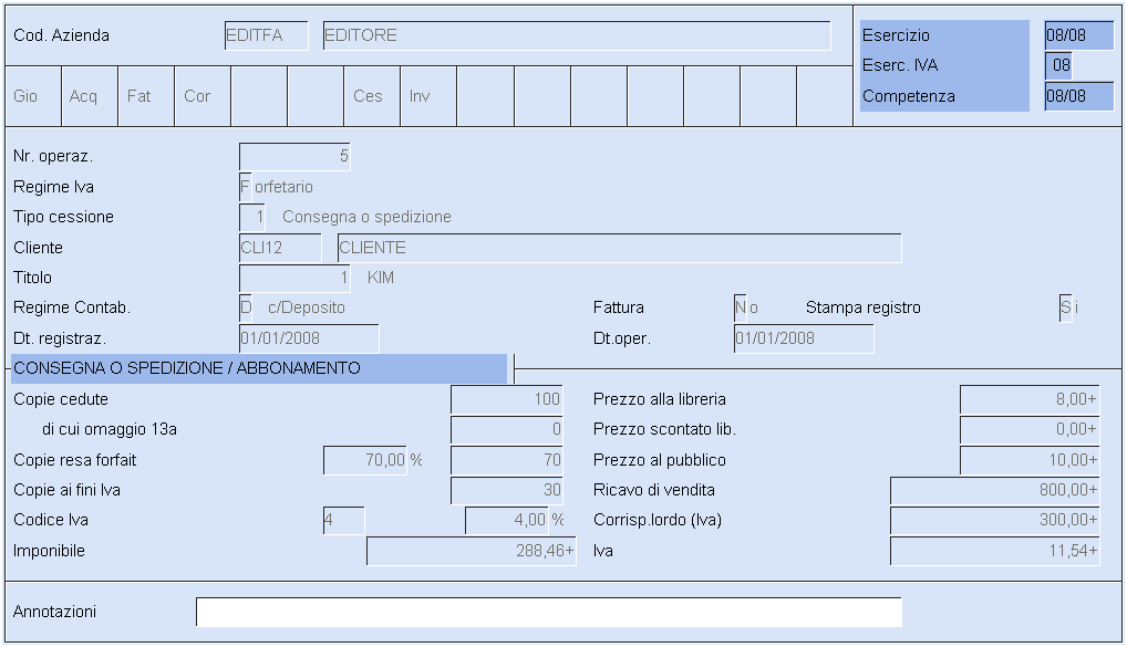 Accesso dal menu interno LA GESTIONE DEI DATI Per poter gestire il regime Iva dell Editoria occorre accedere alla scelta ED Gestione IVA Editoria presente nel menu interno di ciascuna anagrafica di