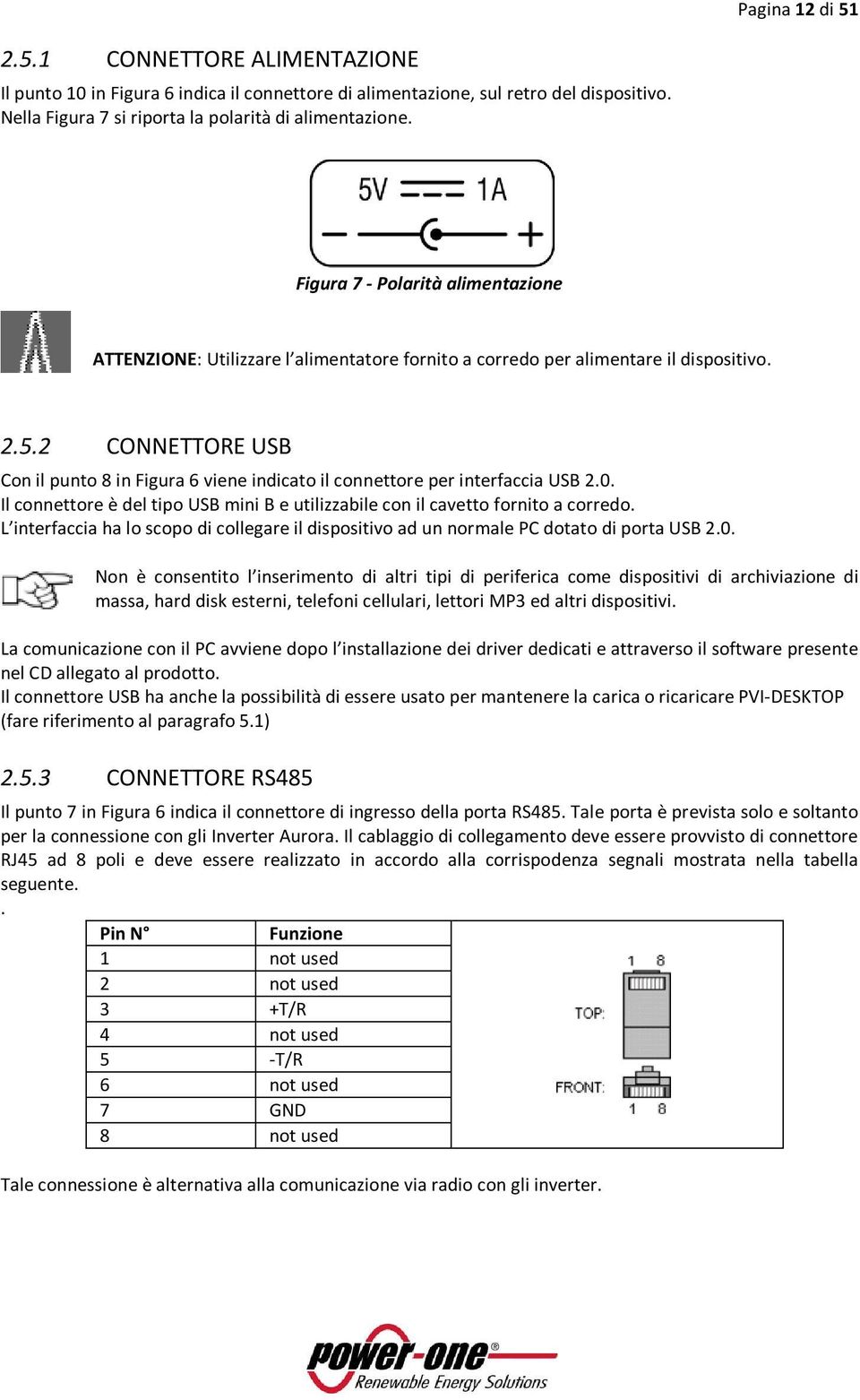 2 CONNETTORE USB Con il punto 8 in Figura 6 viene indicato il connettore per interfaccia USB 2.0. Il connettore è del tipo USB mini B e utilizzabile con il cavetto fornito a corredo.