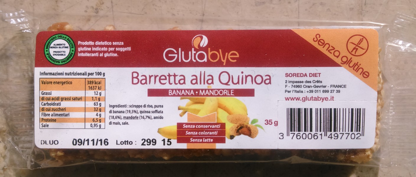 BARRETTA ALLA QUINOA Banana/Mandorle REF N 770 LA QUINOA: QUALITÀ NUTRIZIONALI ECCELLENTI E OTTIMA DIGERIBILITA 35 G E UN SEME RICCO DI SOSTANZE NUTRITIVE, CONSIDERATO LA MADRE DI TUTTI I SEMI :