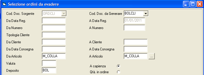 - 18 - Manuale di Aggiornamento questo viene riportato anche nel campo A Articolo Nella stessa funzione di Evasione Ordini Clienti, è