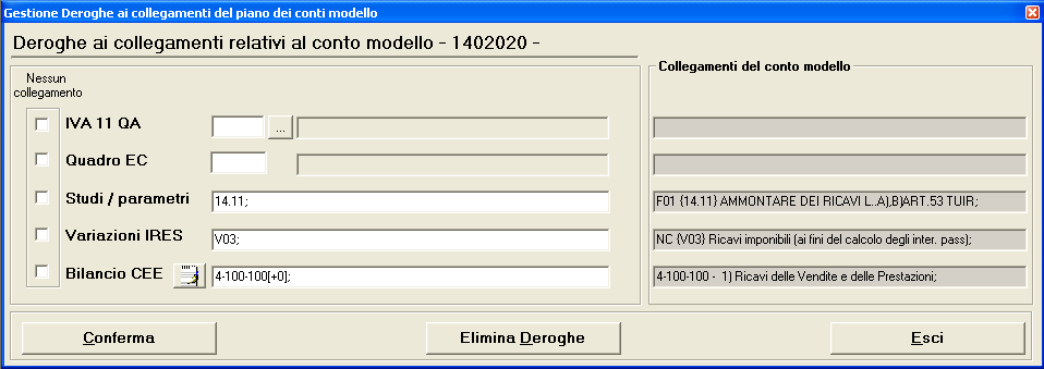 Bollettino 5.10.2D - 33 6 FONDO IMPOSTE 6.1 Collegamento P.D.C. al Mode: Nuova maschera delle deroghe Nella funzione di Collegamento Rapido P.D.C. a Voci di Ricl.