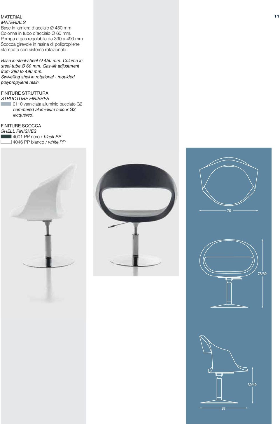 Gas-lift adjustment from 390 to 490 mm. Swivelling shell in rotational - moulded polypropylene resin.