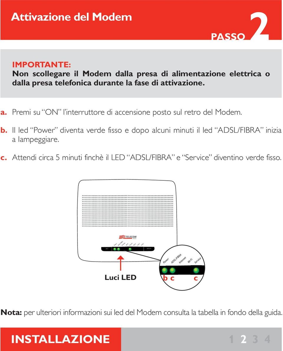 Attendi circa 5 minuti finchè il LED ADSL/FIBRA e Service diventino verde fisso.