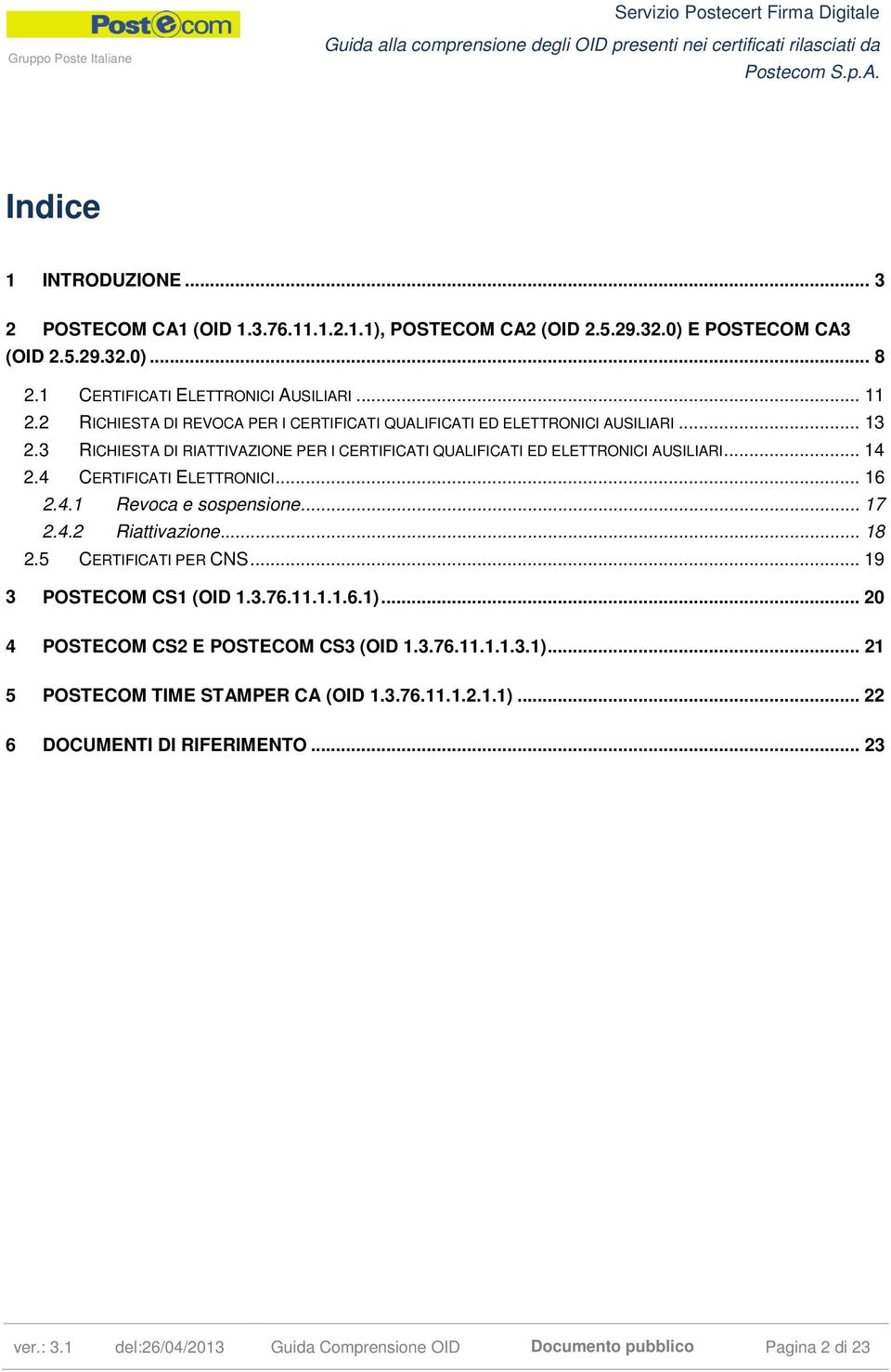 4 CERTIFICATI ELETTRONICI... 16 2.4.1 Revoca e sospensione... 17 2.4.2 Riattivazione... 18 2.5 CERTIFICATI PER CNS... 19 3 POSTECOM CS1 (OID 1.3.76.11.1.1.6.1).