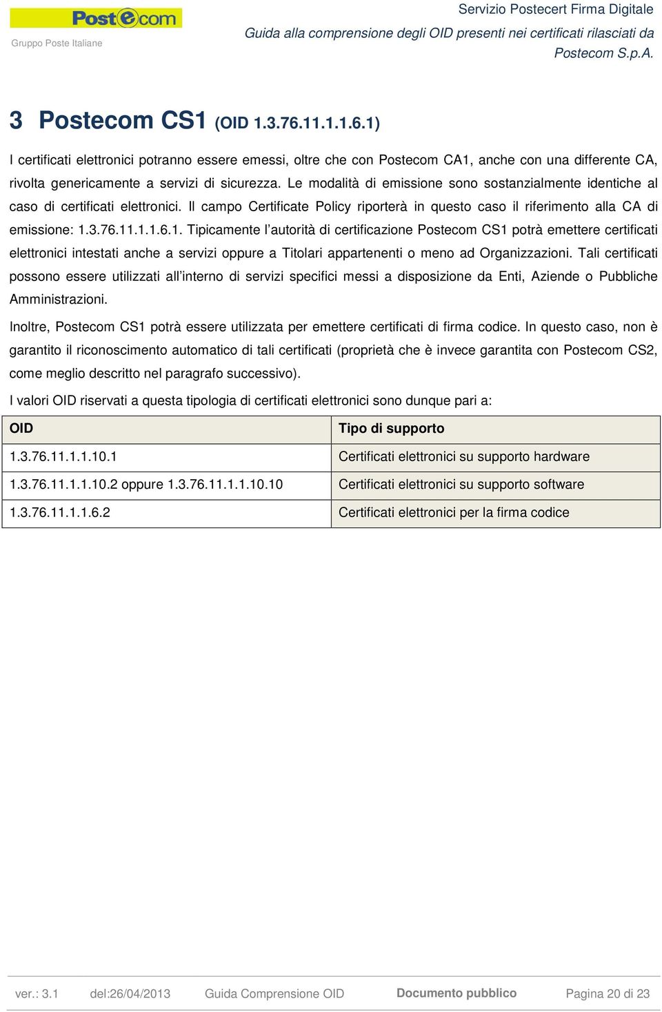 3.76.11.1.1.6.1. Tipicamente l autorità di certificazione Postecom CS1 potrà emettere certificati elettronici intestati anche a servizi oppure a Titolari appartenenti o meno ad Organizzazioni.