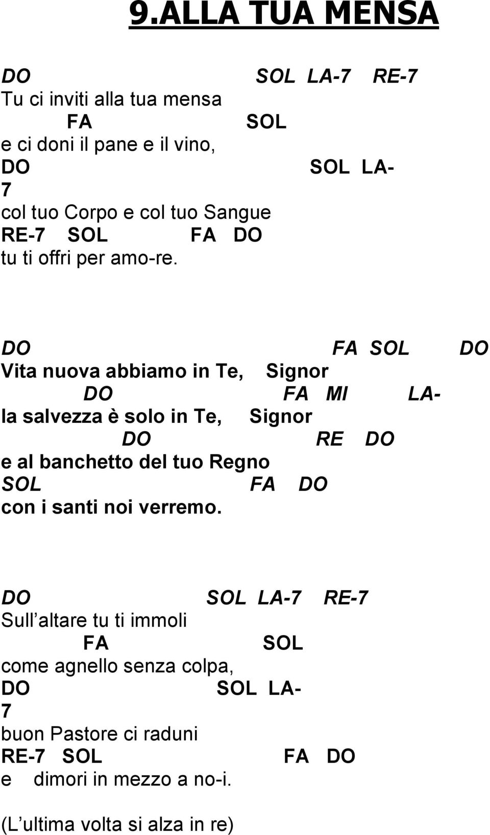 DO FA SOL DO Vita nuova abbiamo in Te, Signor DO FA MI LAla salvezza è solo in Te, Signor DO RE DO e al banchetto del tuo Regno SOL