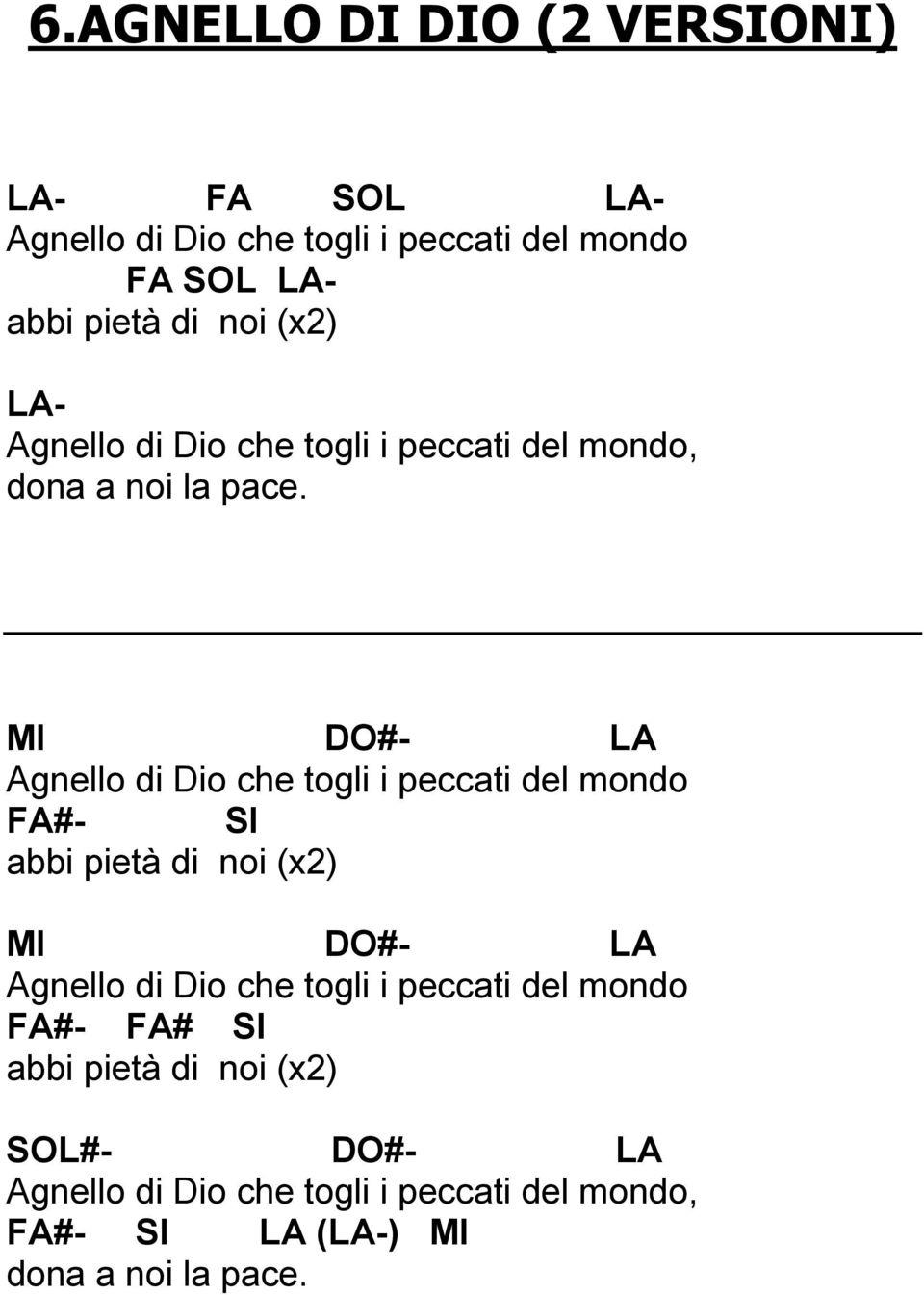 MI DO#- LA Agnello di Dio che togli i peccati del mondo FA#- SI abbi pietà di noi (x2) MI DO#- LA Agnello di Dio che