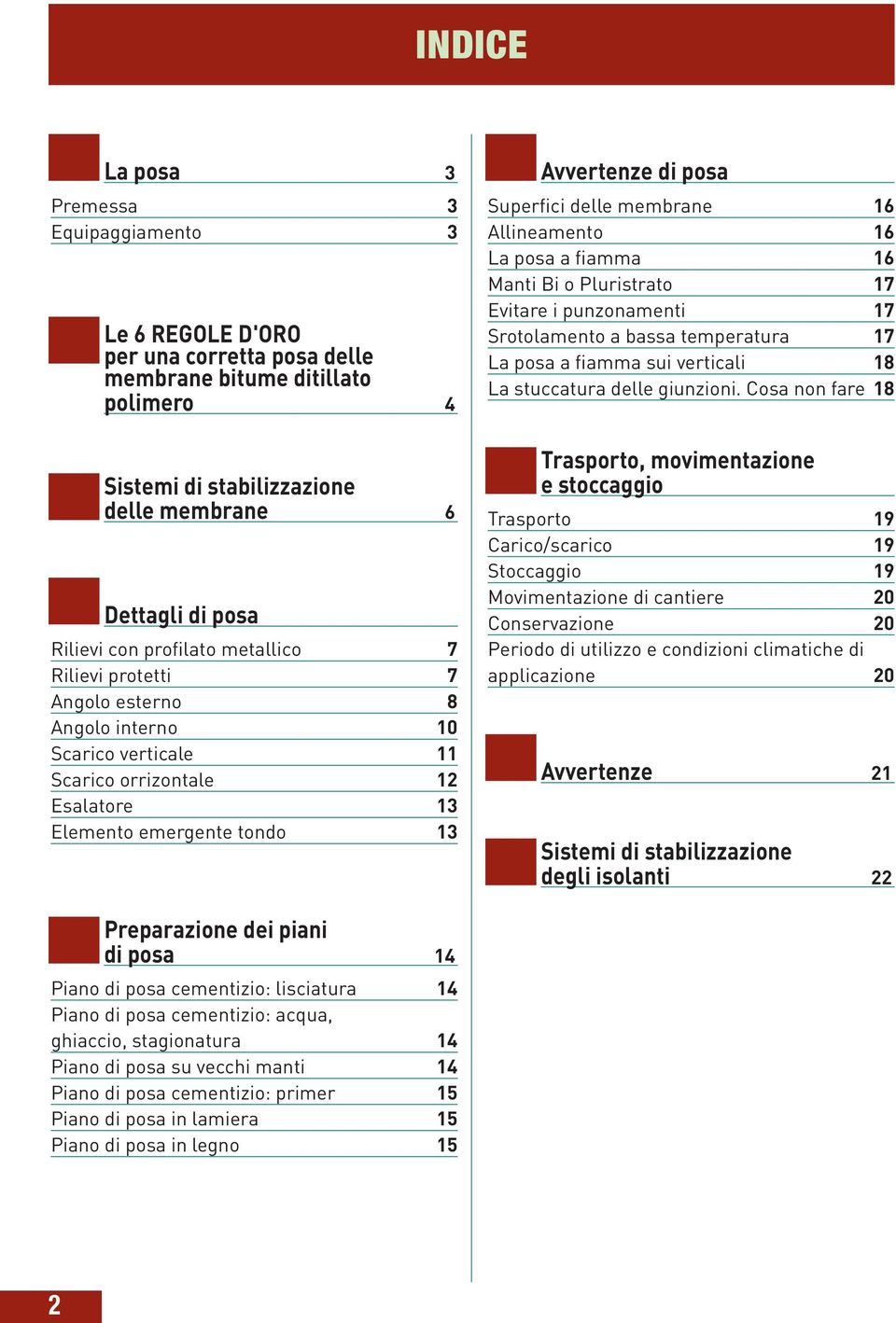 Cosa non fare 18 Sistemi di stabilizzazione delle membrane 6 Dettagli di posa Rilievi con profilato metallico 7 Rilievi protetti 7 Angolo esterno 8 Angolo interno 10 Scarico verticale 11 Scarico