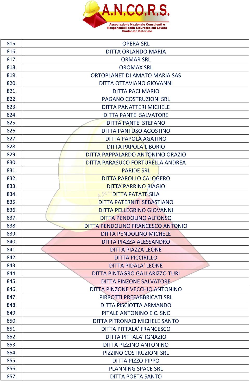 DITTA PARASUCO FORTURELLA ANDREA 831. PARIDE SRL 832. DITTA PAROLLO CALOGERO 833. DITTA PARRINO BIAGIO 834. DITTA PATATE SILA 835. DITTA PATERNITI SEBASTIANO 836. DITTA PELLEGRINO GIOVANNI 837.