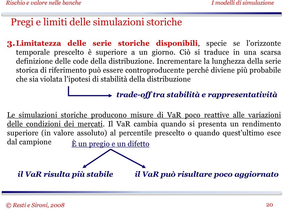 Incrementare la lunghezza della serie storica di riferimento può essere controproducente perché diviene più probabile che sia violata l ipotesi di stabilità della distribuzione trade-off tra