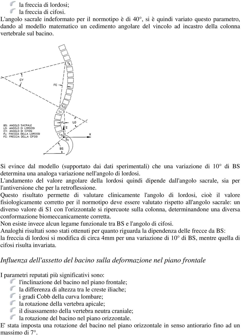 bacino. Si evince dal modello (supportato dai dati sperimentali) che una variazione di 10 di BS determina una analoga variazione nell'angolo di lordosi.