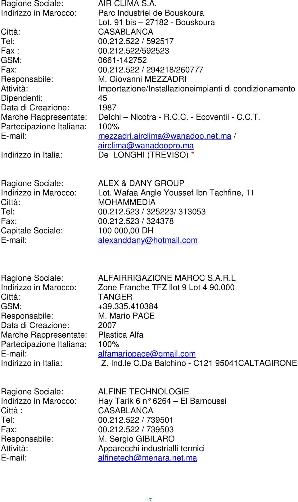 airclima@wanadoo.net.ma / airclima@wanadoopro.ma Indirizzo in Italia: De LONGHI (TREVISO) * ALEX & DANY GROUP Indirizzo in Marocco: Lot. Wafaa Angle Youssef Ibn Tachfine, 11 MOHAMMEDIA Tel: 00.212.