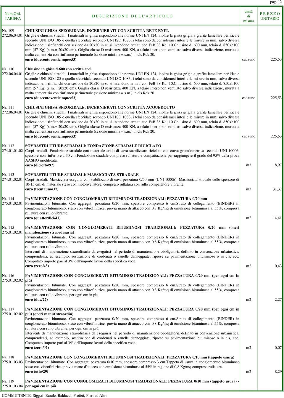 considerarsi interi e le misure in mm, salvo versa incazione; i rinfianchi con sezione da 20x20 in su si intendono armati con FeB 38 Kd. 10.Chiusino d. 600 mm, telaio d. 850xh100 mm (57 Kg) (s.m.= 20x20 cm).