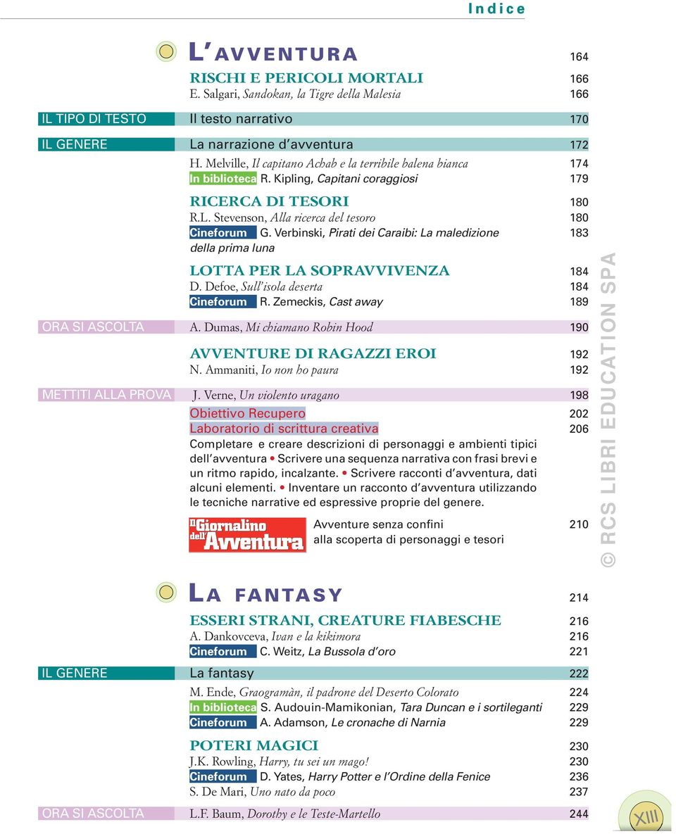 Verbinski, Pirati dei Caraibi: La maledizione 183 della prima luna LOTTA PER LA SOPRAVVIVENZA 184 D. Defoe, Sull isola deserta 184 Cineforum R. Zemeckis, Cast away 189 ORA SI ASCOLTA A.