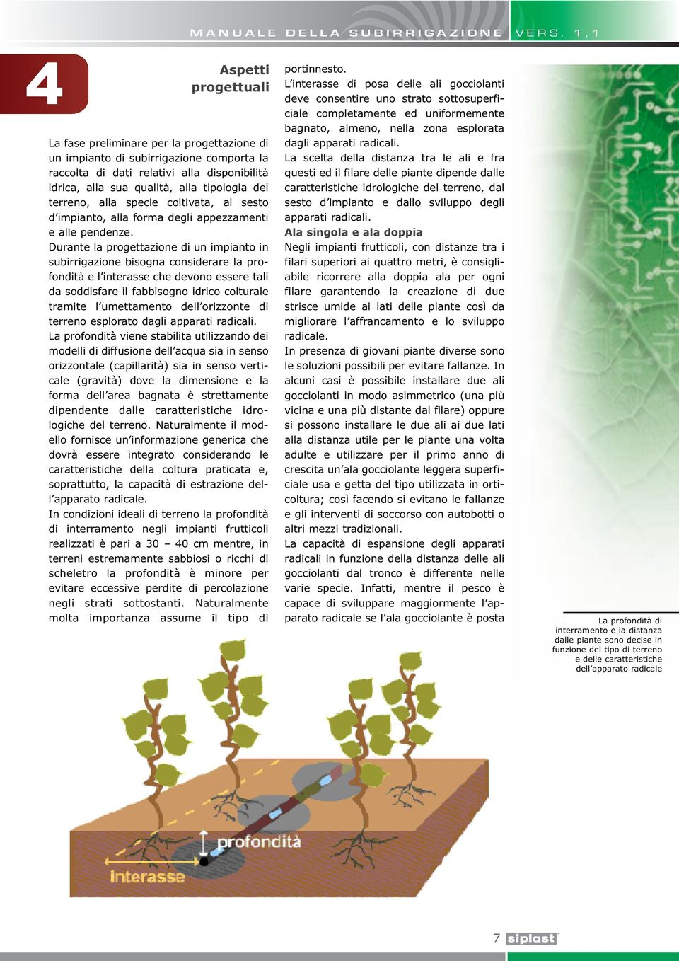 Durante la progettazione di un impianto in subirrigazione bisogna considerare la profondità e l interasse che devono essere tali da soddisfare il fabbisogno idrico colturale tramite l umettamento