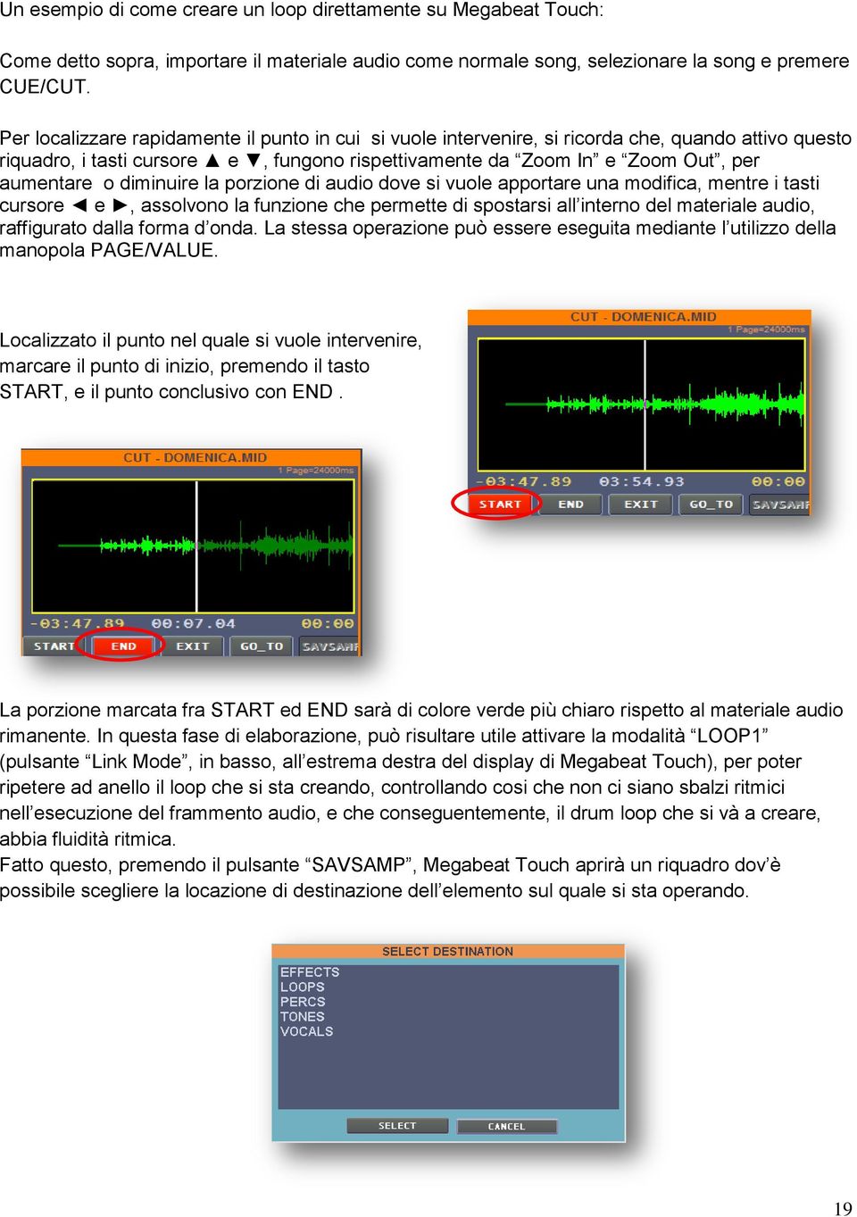 diminuire la porzione di audio dove si vuole apportare una modifica, mentre i tasti cursore e, assolvono la funzione che permette di spostarsi all interno del materiale audio, raffigurato dalla forma