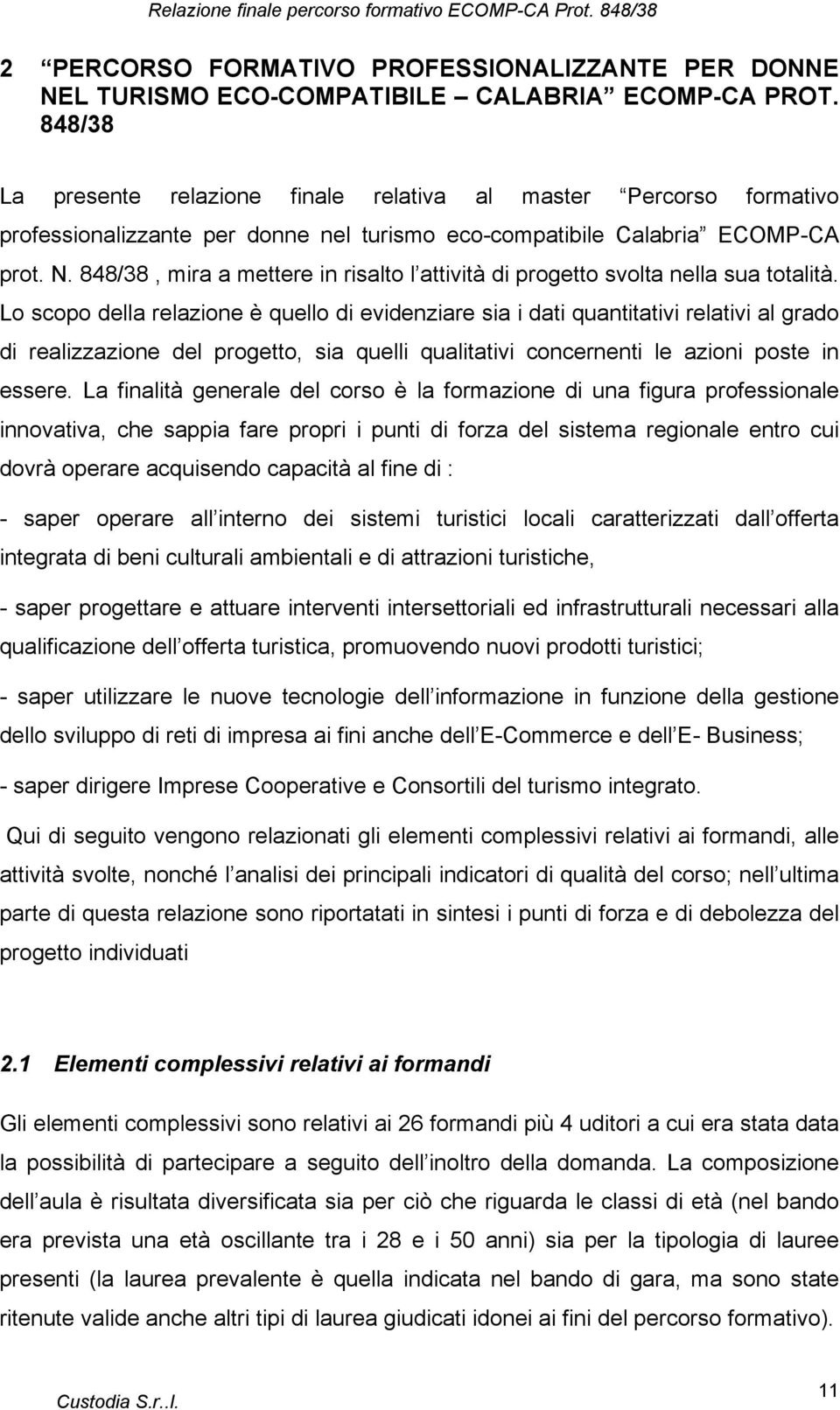 848/38, mira a mettere in risalto l attività di progetto svolta nella sua totalità.