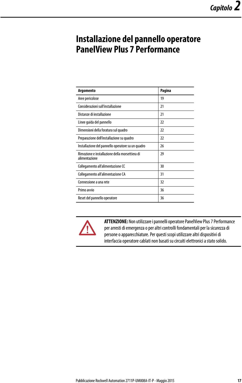 alimentazione Collegamento all alimentazione CC 30 Collegamento all alimentazione CA 31 Connessione a una rete 32 Primo avvio 36 Reset del pannello operatore 36 ATTENZIONE: Non utilizzare i pannelli