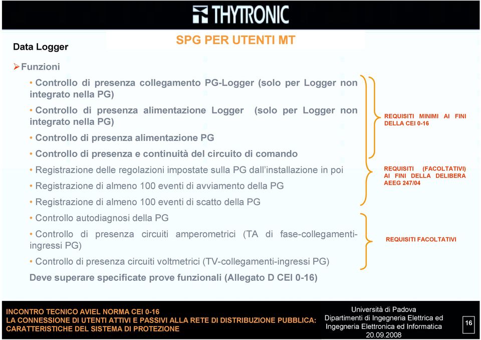 Controllo di presenza e continuità del circuito di comando (solo per Logger non Registrazione delle regolazioni impostate sulla PG dall installazione in poi Registrazione di almeno 100 eventi di