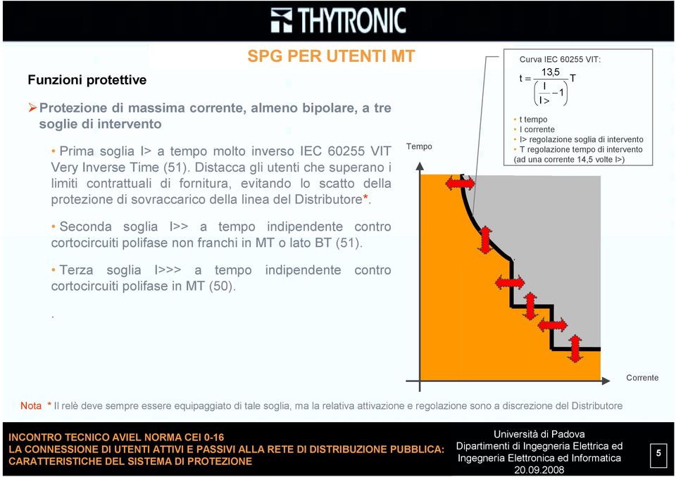 Tempo Curva IEC 60255 VIT: 13,5 t = T I 1 I > t tempo I corrente I> regolazione soglia di intervento T regolazione tempo di intervento (ad una corrente 14,5 volte I>) Seconda soglia I>> a tempo