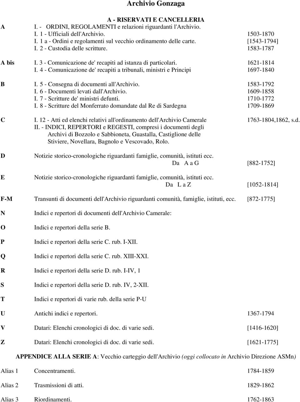 4 - Comunicazione de' recapiti a tribunali, ministri e Principi 1697-1840 B I. 5 - Consegna di documenti all'archivio. 1583-1792 I. 6 - Documenti levati dall'archivio. 1609-1858 I.