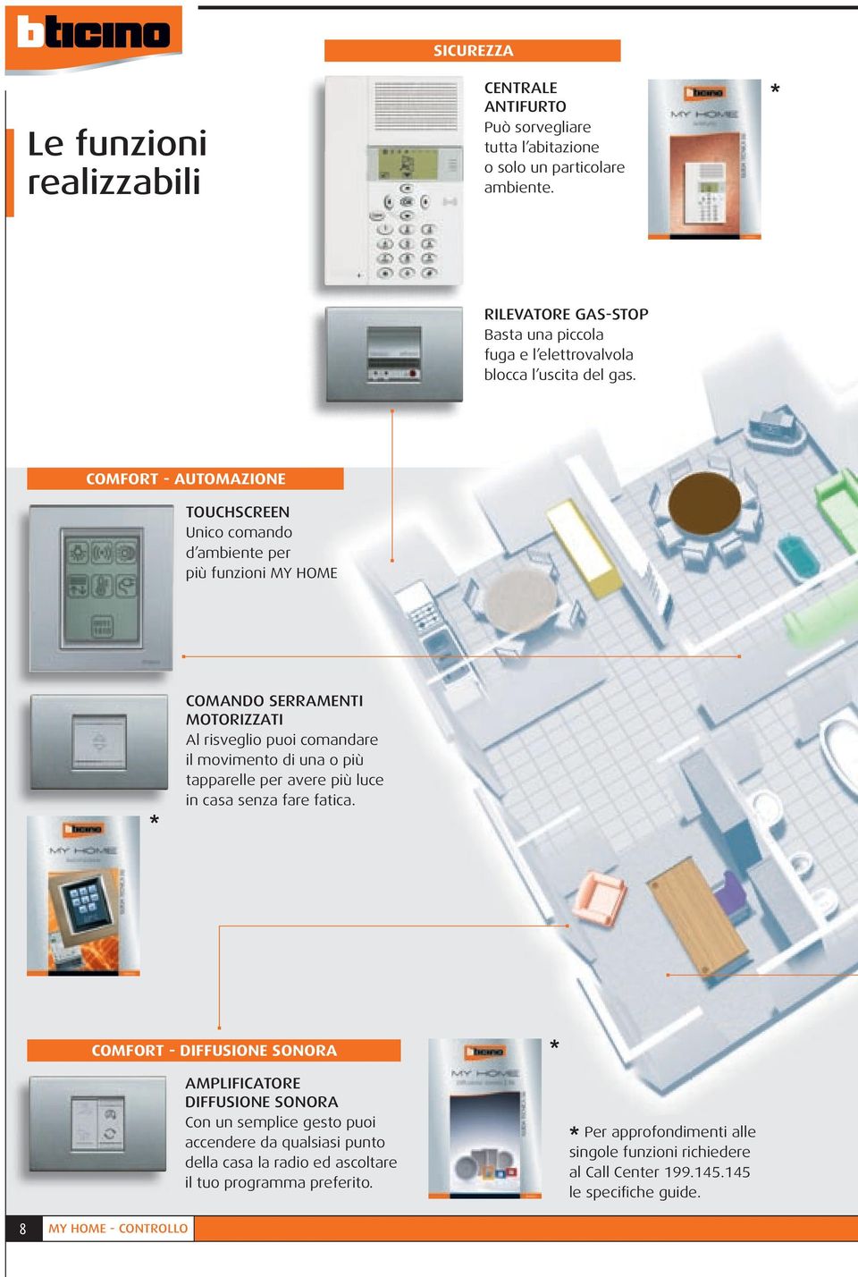 COMFORT - AUTOMAZIONE TOUCHSCREEN Unico comando d ambiente per più funzioni MY HOME * COMANDO SERRAMENTI MOTORIZZATI Al risveglio puoi comandare il movimento di una o più tapparelle per