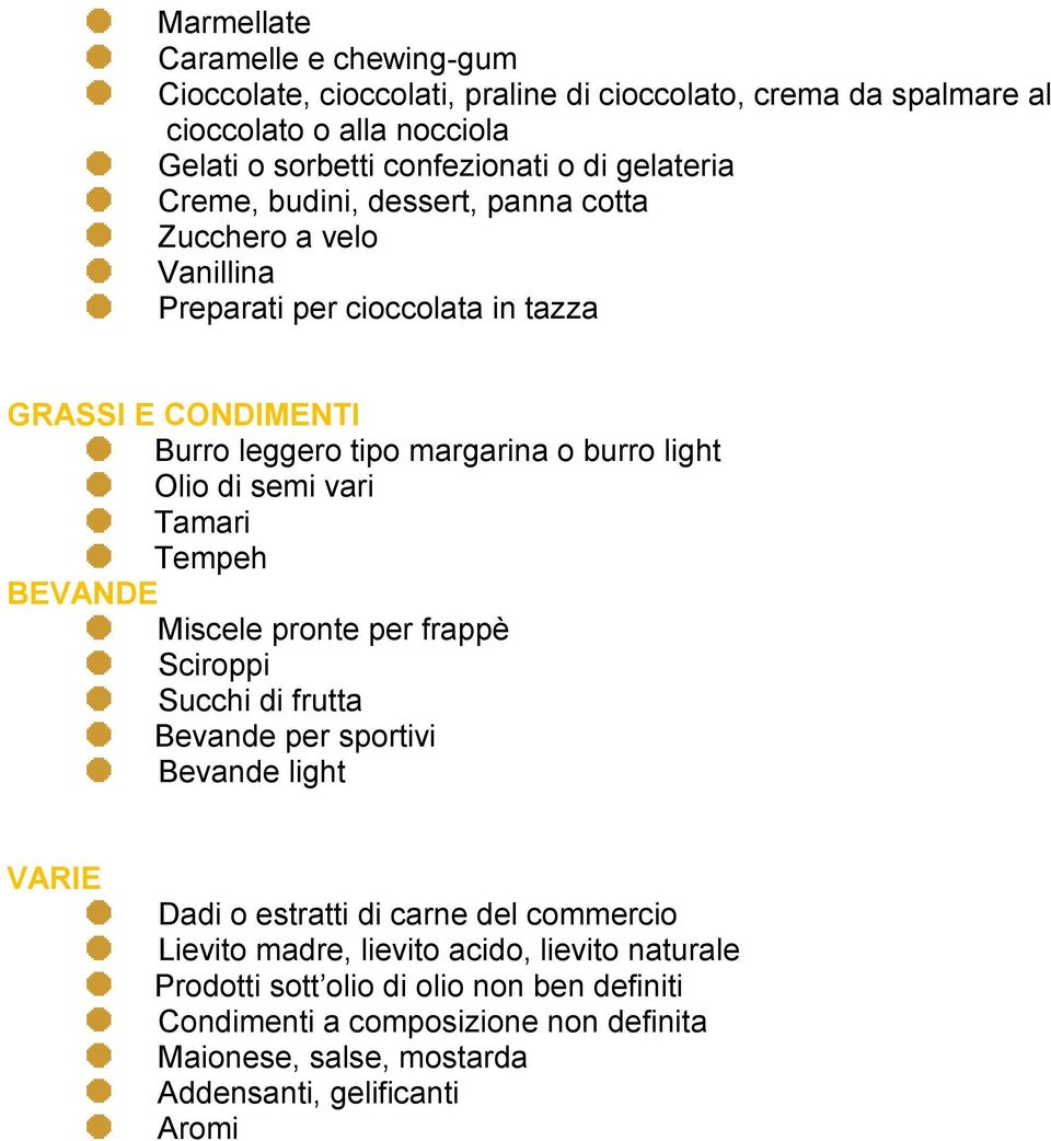 Olio di semi vari Tamari Tempeh BEVANDE Miscele pronte per frappè Sciroppi Succhi di frutta Bevande per sportivi Bevande light VARIE Dadi o estratti di carne del commercio