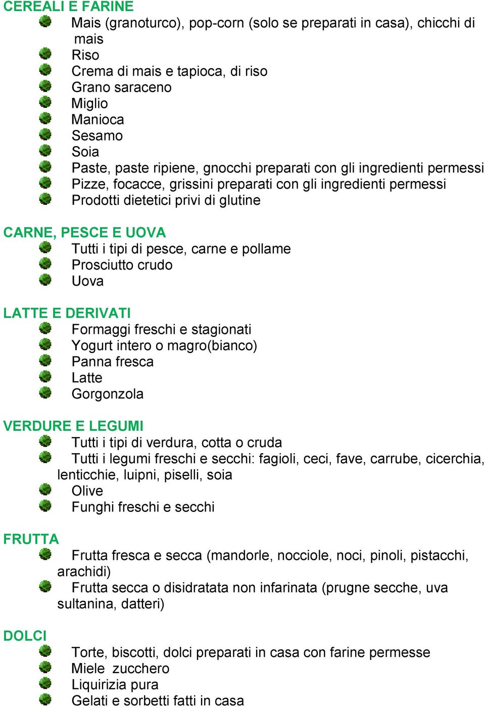 Prosciutto crudo Uova LATTE E DERIVATI Formaggi freschi e stagionati Yogurt intero o magro(bianco) Panna fresca Latte Gorgonzola VERDURE E LEGUMI Tutti i tipi di verdura, cotta o cruda Tutti i legumi